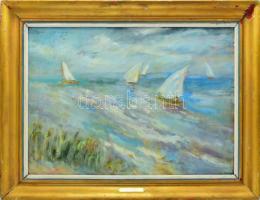 Tallós Ilona (1918-1991): Viharos Balaton. Olaj, farost, jelzés nélkül. Reprodukálva: Tallós Ilona. H.n., 1997, DTPrint, 45 o. Katalógusszám nélkül. 50×70 cm. Keretben.
