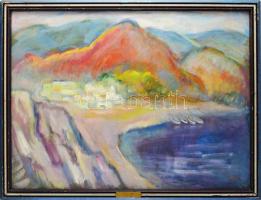 Tallós Ilona (1918-1991): Afrikai öböl (Algéria), 1978-79. Olaj, farost, jelezve jobbra lent: Tallós. Katalógusszám 125 és reprodukálva: Tüskés Anna: A festészet csendes hatalma, Tallós Ilona. Pécs, 2025, PTE Művészettörténet Tanszék Művészeti Kar, 167. o. Reprodukálva: Tallós Ilona. H.n., 1997, DTPrint, 28. o. Keretben. 60×80 cm. / Ilona Tallós (1918-1991): Bay in Africa (Algeria), 1978-79. Oil on fiberboard, signed lwoer right: Tallós. Catalogue no. 125 and reproduced in the mnography: Tüskés Anna: A festészet csendes hatalma, Tallós Ilona. Pécs, 2025, PTE Művészettörténet Tanszék Művészeti Kar, page 167. Reproduced in the catalogue: Tallós Ilona. 1997, DTPrint, page 28. Framed. 60×80 cm.