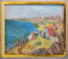 Tallós Ilona (1918-1991): Adriai strand. Olaj, vászon, kartonon, jelezve balra lent: Tallós (keret által kissé takarva). Katalógusszám nélkül. Keretben. 48×57 cm.