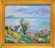 Tallós Ilona (1918-1991): Szárszói part (Balaton), 1986. Olaj, farost, jelezve balra lent: Tallós 1986. Katalógusszám 141 és reprodukálva: Tüskés Anna: A festészet csendes hatalma, Tallós Ilona. Pécs, 2025, PTE Művészettörténet Tanszék Művészeti Kar, 178. o. 50×60 cm. Keretben.