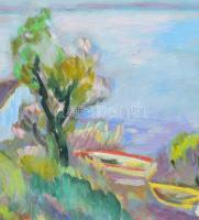 Tallós Ilona (1918-1991): Szárszói part (Balaton), 1986. Olaj, farost, jelezve balra lent: Tallós 19...