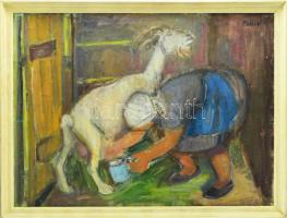 Tallós Ilona (1918-1991): Kecskefejés (Kreitzer néni Zamárdiban), 1965 v. előtte. Olaj, vászon, jelezve jobbra fent: Tallós. Katalógusszám 89 és reprodukálva: Tüskés Anna: A festészet csendes hatalma, Tallós Ilona. Pécs, 2025, PTE Művészettörténet Tanszék Művészeti Kar, 144. o. Kiállítva: Csók István Galéria, Bp., 1965, egyéni kiállítás. 60×80 cm. Keretben.