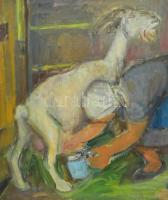 Tallós Ilona (1918-1991): Kecskefejés (Kreitzer néni Zamárdiban), 1965 v. előtte. Olaj, vászon, jele...
