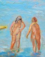 Tallós Ilona (1918-1991): Nudisták a Balatonon. Olaj, vászon, jelzés nélkül. Katalógusszám nélkül. A...