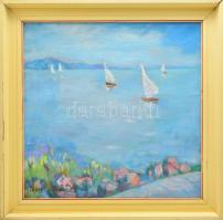 Tallós Ilona (1918-1991): Vitorlások a Balatonon. Olaj, vászon, jelezve balra lent: Tallós. Hátoldalán Zichy Galéria raglapjával. Katalógusszám nélkül. 46×46 cm. Keretben.