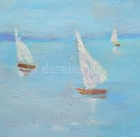 Tallós Ilona (1918-1991): Vitorlások a Balatonon. Olaj, vászon, jelezve balra lent: Tallós. Hátoldal...
