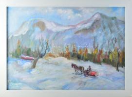 Tallós Ilona (1918-1991): Téli táj (Lovasszán), 1984. Olaj, farost, jelezve balra lent: Tallós. Katalógusszám nélkül. 50×70 cm. Keretben.