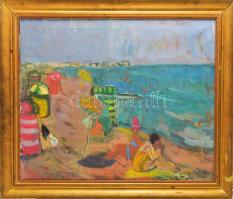 Tallós Ilona (1918-1991): Algériai strand, 1978-79. Olaj, vászon, jelzés nélkül. Katalógusszám 127 és reprodukálva: Tüskés Anna: A festészet csendes hatalma, Tallós Ilona. Pécs, 2025, PTE Művészettörténet Tanszék Művészeti Kar, 169. o. 50×59 cm. Keretben. / Ilona Tallós (1918-1991): Beach in Algeria, 1978-79. Oil on canvas, unsigned. Catalogue no. 27 and reproduced in the mnography: Tüskés Anna: A festészet csendes hatalma, Tallós Ilona. Pécs, 2025, PTE Művészettörténet Tanszék Művészeti Kar, page 169. 50×59 cm. Framed.