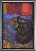 Tallós Ilona (1918-1991): Fruzsina (tacskó), 1960-as évek. Olaj, farost, jelezve jobbra fent: Tallós. Katalógusszám nélkül. 50,5×34,5 cm. Keretben.