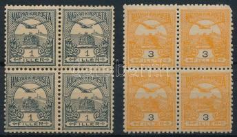 1904 Turul 1f és 3f négyestömb, fordított vízjellel (1f elvált fogak / aparted perfs., 3f sarokhiba / missing corner)