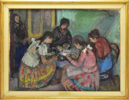 Tallós Ilona (1918-1991): Tojásfestők (miskei tojásfestő asszonyok), 1963. Olaj, vászon, jelezve jobbra fent: Tallós. Katalógusszám 82 és reprodukálva: Tüskés Anna: A festészet csendes hatalma, Tallós Ilona. Pécs, 2025, PTE Művészettörténet Tanszék Művészeti Kar, 138. o. 60×80 cm. Keretben.