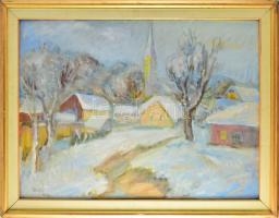 Tallós Ilona (1918-1991): Téli falu, 1990. Olaj, farost, jelezve balra fent: Tallós 990. Katalógusszám 158 és reprodukálva: Tüskés Anna: A festészet csendes hatalma, Tallós Ilona. Pécs, 2025, PTE Művészettörténet Tanszék Művészeti Kar, 194. o. 60×80 cm. Keretben.