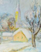 Tallós Ilona (1918-1991): Téli falu, 1990. Olaj, farost, jelezve balra fent: Tallós 990. Katalógussz...