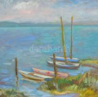 Tallós Ilona (1918-1991): Balatoni csónakok, 1986. Olaj, farost, jelezve balra lent: Tallós 1986. Ka...