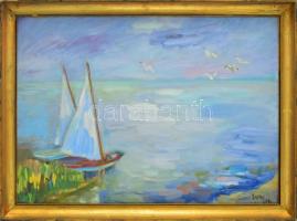 Tallós Ilona (1918-1991): Balatoni vitorlások, 1986. Olaj, farost, jelezve jobbra lent: Tallós 86. Katalógusszám 140 és reprodukálva: Tüskés Anna: A festészet csendes hatalma, Tallós Ilona. Pécs, 2025, PTE Művészettörténet Tanszék Művészeti Kar, 177. o. 50×70 cm. Keretben.