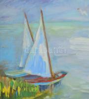 Tallós Ilona (1918-1991): Balatoni vitorlások, 1986. Olaj, farost, jelezve jobbra lent: Tallós 86. K...
