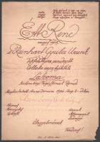 1936 Étt-rend vagyis azaz a Renhart Gyula urunk tiszteletére rendezett collatio azaz czéhbeli lakoma... Étlap. 4 p. M. KÁllai, Arad, litográfia. (2) p.