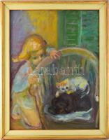 Tallós Ilona (1918-1991): Kislány cicával és Fruzsina tacskóval. Olaj, farost, jelzés nélkül. Katalógusszám nélkül. 80×60 cm. Keretben.
