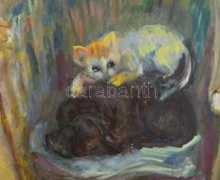 Tallós Ilona (1918-1991): Kislány cicával és Fruzsina tacskóval. Olaj, farost, jelzés nélkül. Kataló...