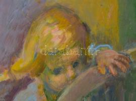 Tallós Ilona (1918-1991): Kislány cicával és Fruzsina tacskóval. Olaj, farost, jelzés nélkül. Kataló...