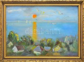 Tallós Ilona (1918-1991): Naplemente (a Balatonon). Olaj, farost, jelezve balra lent: Tallós. Katalógusszám nélkül. 50×70 cm. Keretben.