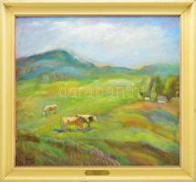 Tallós Ilona (1918-1991): Tehenek (nyári rét), 1989. Olaj, farost, jelezve balra lent: Tallós 89. Katalógusszám nélkül. 55×60 cm. Keretben.