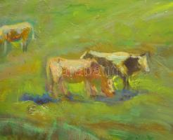 Tallós Ilona (1918-1991): Tehenek (nyári rét), 1989. Olaj, farost, jelezve balra lent: Tallós 89. Ka...