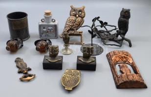 10 darabos bagoly témájú dísztárgy gyűjtemény, váza, levélnehezék, sörnyitó, flaska, stb.