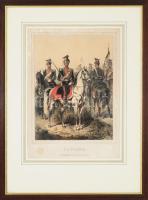 XIX. közepe/XIX vége K.K. Uhlanen, Wien, Alois Leykum, litográfia, papír, modern üvegezett fakeretben, paszpartuban, foltos, 39x28 cm, keret: 60x45 cm