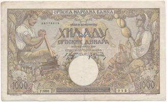 Szerbia / Német megszállás 1942. 1000D női portré vízjellel "Y.0391 012" T:XF,VF Serbia / German occupation 1942. 1000 Dinara with women head watermark "Y.0391 012" C:XF,VF Krause P#32