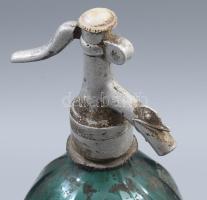 Régi román színes szódásüveg, sárkány fejjel, felirattal, pattogzással, m: 32 cm