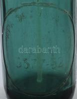Régi román színes szódásüveg, sárkány fejjel, felirattal, pattogzással, m: 32 cm