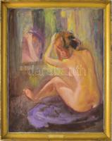 Tallós Ilona (1918-1991): Fürdő után/Fésülködő Györgyi (női akt), 1965 v. előtte. Olaj, farost, jelezve jobbra fent: Tallós. Katalógusszám 90 és reprodukálva: Tüskés Anna: A festészet csendes hatalma, Tallós Ilona. Pécs, 2025, PTE Művészettörténet Tanszék Művészeti Kar, 144. o. Kiállítva: Csók István Galéria, Bp., 1965, egyéni kiállítás. 70×56 cm. Keretben.