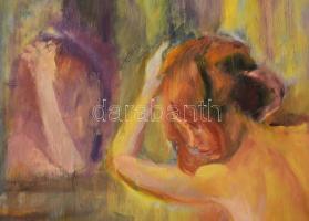 Tallós Ilona (1918-1991): Fürdő után/Fésülködő Györgyi (női akt), 1965 v. előtte. Olaj, farost, jele...