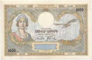 Jugoszlávia 1931. 1000D "D.0126 750" T:F, szép papír Yugoslavia 1931. 1000 Dinara "D.0126 750" C:F, fine paper Krause P#29