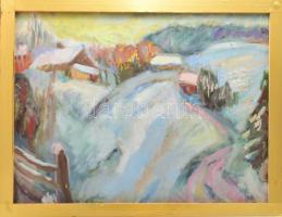Tallós Ilona (1918-1991): Dombos téli táj. Olaj, vászon, faroston, jelzés nélkül. Katalógusszám nélkül. 57×78 cm. Keretben.