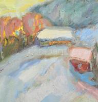 Tallós Ilona (1918-1991): Dombos téli táj. Olaj, vászon, faroston, jelzés nélkül. Katalógusszám nélk...