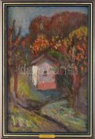 Tallós Ilona (1918-1991): Balatoni szőlőhegy. Olaj, farost, jelezve balra lent: Tallós. Reprodukálva: Tallós Ilona. H.n., 1997, DTPrint, 38 o. Katalógusszám nélkül. 67×44 cm. Keretben.