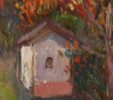 Tallós Ilona (1918-1991): Balatoni szőlőhegy. Olaj, farost, jelezve balra lent: Tallós. Reprodukálva...