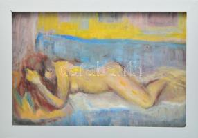 Tallós Ilona (1918-1991): Fekvő női akt. Olaj, farost, jelzés nélkül. Katalógusszám nélkül. 39,5×60 cm. Keretben.