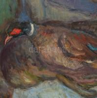 Tallós Ilona (1918-1991): Csendélet vaddal/Fácános csendélet, 1970-75. Olaj, farost, jelezve balra f...