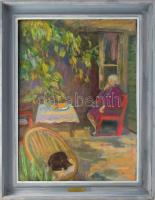 Tallós Ilona (1918-1991): Szieszta (Fruzsina tacskó). Olaj, farost, jelezve balra lent: Tallós (halványan). Katalógusszám nélkül. 80×60 cm. Keretben.