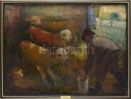 Tallós Ilona (1918-1991): Borjúitatás, 1972. Olaj, farost, jelezve balra fent: Tallós 1972. Katalógusszám 111 és reprodukálva: Tüskés Anna: A festészet csendes hatalma, Tallós Ilona. Pécs, 2025, PTE Művészettörténet Tanszék Művészeti Kar, 156. o. 76×100 cm. Keretben. KIZÁRÓLAG SZEMÉLYES ÁTVÉTEL, NEM POSTÁZZUK! / ONLY PERSONAL COLLECTION AT OUR OFFICE!