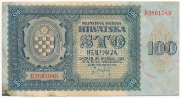 Horvátország 1941. 100K "B2681049" T:F folt, egyébként szép papír Croatia 1941. 100 Kuna "B2681049" C:F spotted, but fine paper Krause P#2