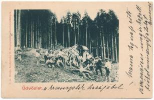 1899 Szliács, Sliac (?); favágók. Lechnitzky O. kiadása (Besztercebánya) / lumberjacks (gyűrődés / crease)