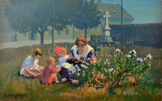 Mihály István (1886-1970): Játék a komornával. (Családi kör) Olaj, fa, jelzett. Szélén apró pattogzással. 23x35 cm