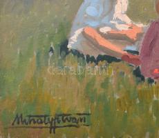 Mihály István (1886-1970): Játék a komornával. (Családi kör) Olaj, fa, jelzett. Szélén apró pattogzá...