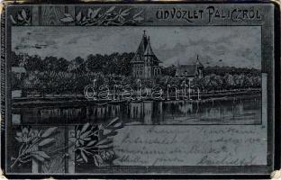 1899 Palics, Palic; Fürdő. Heumann Mór kiadása, szecessziós fémes hatású fóliás képeslap / spa. Art Nouveau, floral metallic foil postcard (EM)