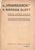 A "Viharsarok" a bíróság előtt. Féja Géza pere. A Budapesti Kir. Büntetőtörvényszék 1937 október 14-én tartott főtárgyalásának gyorsírói feljegyzések alapján készült teljes szövege. Budapest, (1937). Márciusi Front (Radó István ny.) 47 + [1] p. Első kiadás. Féja Géza (1900-1978) író, újságíró, szociográfus, a falukutatói mozgalom egyik kezdeményezője, a népi írókból és egyetemi körökből megalakult Márciusi Front egyik alapítója. Nagy vihart kavart Békés megyei faluszociográfiája egy egész tájegységnek adott nevet. A kíméletlen látleletként megírt Viharsarok 1937-ben két kiadásban is megjelent, szerzőjét a Horthy-adminisztráció bírósága osztályellenes izgatás és nemzetgyalázás címén beperelte, Féja Gézát első fokon öt hónapi fogházbüntetésre ítélték. Dokumentumunkban a budapesti királyi büntetőtörvényszék 1937. október 14-i főtárgyalásának teljes átirata szerepel, Féja Géza teljes kihallgatásának, valamint az ügyész és a védőügyvéd beszédeinek közlésével. Jegyzőkönyvünk társadalomtörténeti és retorikai szempontból egyaránt figyelemre méltó teljesítmény. Példányunk belívének fűzése megerősítve. Fűzve, japán papírral kiegészített, javított kiadói borítóban.