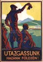 Utazgassunk hazánk földjén! [A MÁV túra- és városnézési ajánlatai.] (1931). Budapest, 1931. (Magyar Királyi Államvasutak Igazgatósága - Stádium Sajtóvállalat Rt. ny.) 64 p. Egyetlen kiadás. A hazai turizmus fellendítését szolgáló, gazdagon illusztrált kiadványunk 29 hegyvidéki túrát, illetve városnézési sétát ajánl olvasói figyelmébe. Kirándulásaink túlnyomó része hegyvidékekre kalauzol, Kőszegtől Zemplénig, a Mecsektől a Cserhátig. Kötetünkbe mindössze két alföldi túra jutott, ezek Debrecen meglátogatását kombinálják Hortobággyal, illetve Szeged városát Ópusztaszerrel. A bugaci puszta vagy a zselici dombhát turisztikai lehetőségeit még nem érzékelő munka képanyagának többsége tájkép, némelyiken korabeli kiránduló csoportok, cserkészek és civilek egyaránt megjelennek. Hollókő környéke felvételünkön feltűnően kopár, a környék erdősítése csak később kezdődött. Kötetünk végén a MÁV-kedvezmények ismertetése, illetve turisztikai művek ajánlója. Fűzve, Gönczi Gebhardt Tibor színes rajzával illusztrált kiadói borítóban, jó példány.